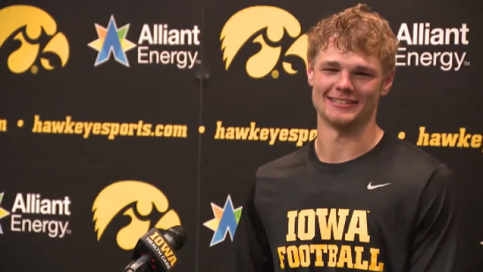 University of Iowa wide receiver Reece Vander Zee speaks during a post-game press conference following the Hawkeyes' victory on Aug. 31, 2024. 