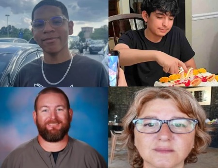 The four people (two students and two teachers) who died in the Apalachee High School shooting in Winder, Ga., on Wednesday September 4, 2024 are (clockwise, L-R):Mason Schermerhorn, 14; Christian Angulo, 14; Christina Irimie, 53; and Richard Aspinwall, 39. 