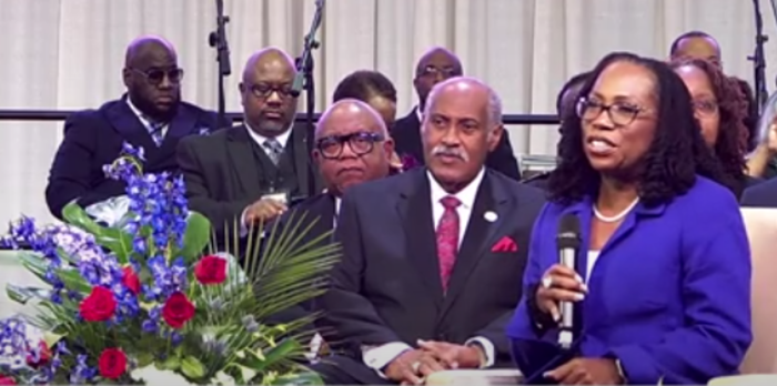 U.S. Supreme Court Justice Ketanji Brown Jackson discusses her new memoir 'Lovely One' at the 144th Annual Session of the National Baptist Convention in Baltimore, Maryland, on Sept. 5, 2024. 