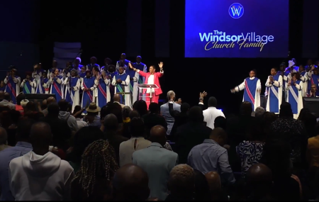 Suzette Caldwell (podium) senior pastor of Windsor Village United Methodist Church in Texas, celebrates the release of her husband, Kirbyjon Caldwell, from prison on Sunday September 8, 2024.