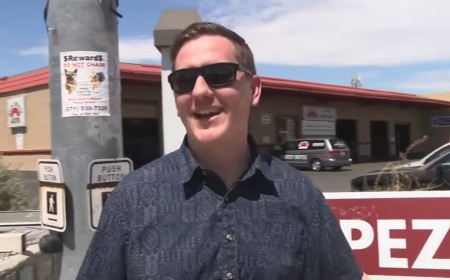 Hans Schmidt stands at the intersection where he was shot on Nov. 15, 2023, in Glendale, Arizona, as he is interviewed by interviewed by ABC15 Arizona.