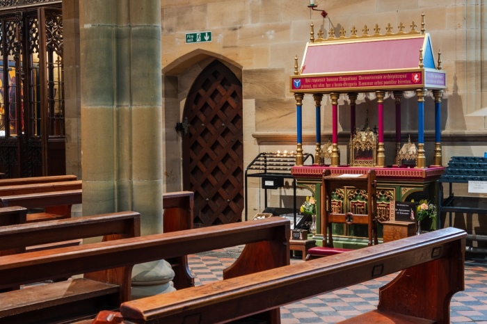 The shrine with a relic of St. Augustine inside the St. Augustine’s Church, also known as the Shrine of St. Augustine and the National Pugin Centre, in Ramsgate, England. 