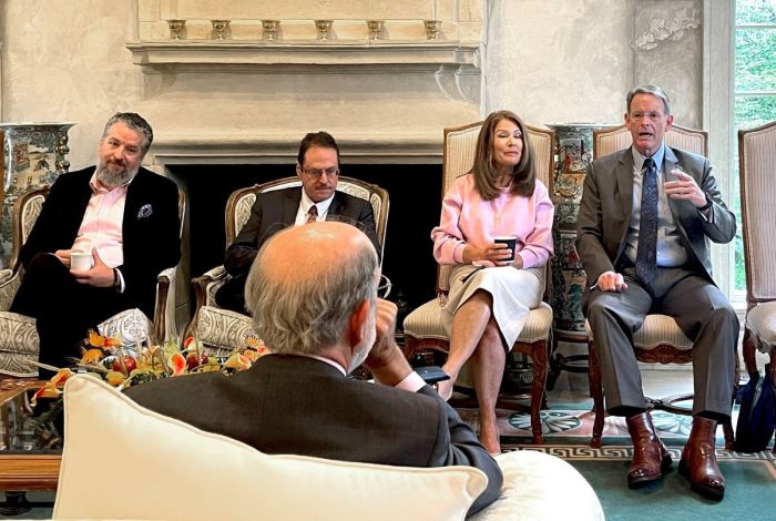 American Evangelical leaders gather in Washington, D.C. in September 2024 to discuss support for Israel. Pictured left to right: Luke Moon, executive director of The Philos Project; Mario Bramnick, president of the Latino Coalition for Israel; former Congresswoman Michele Bachmann; and Tony Perkins, president of the Family Research Council. 