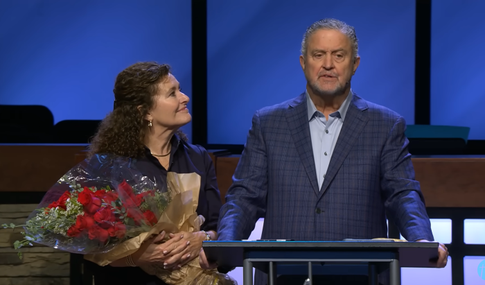 Former Southern Baptist Convention President Steven Gaines (R) and his wife Donna (L) as he announced his stepping down as senior pastor of Bellevue Baptist Church in Memphis, Tenn., on Sunday September 22, 2024.