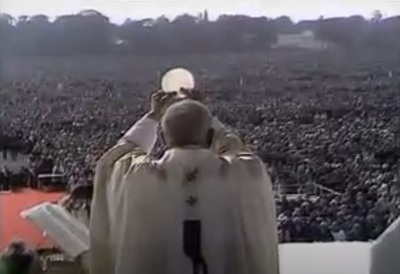 Pope John Paul II oversees a mass near at Phoenix Park near Dublin, Ireland in Sept. 1979. Reportedly, more than one million people attended the worship service. 