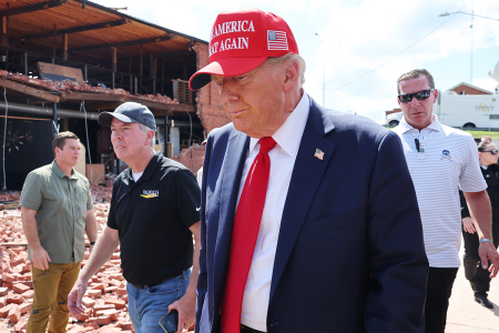 Republican presidential nominee, former U.S. President Donald Trump, prepares to leave after visiting Chez What Furniture store that was damaged during Hurricane Helene on Sept. 30, 2024, in Valdosta, Georgia. Trump met with local officials, first responders, and residents who have been impacted by last week's hurricane which has left at least 90 people dead across Florida, Georgia, North Carolina, South Carolina, and Virginia. Millions are still without power, water, or reliable communications. U.S. President Joe Biden and Democratic presidential nominee, U.S. Vice President Kamala Harris have spoken with local leaders and stated that they plan to visit affected areas when the time is right.