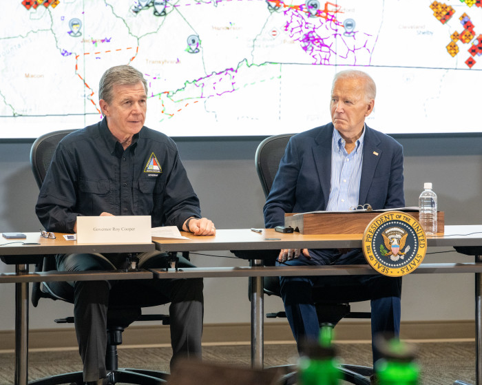 President Joe Biden and North Carolina Gov. Roy Cooper at a briefing in Raleigh N.C., on Oct. 3, 2024. 