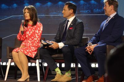 Michele Bachmann (L), Daniel Cohen (C) and Pastor Hamrick (R) speak about Israel during a panel at the Pray Vote Stand summit in Washington, D.C., on Oct. 3, 2024. 