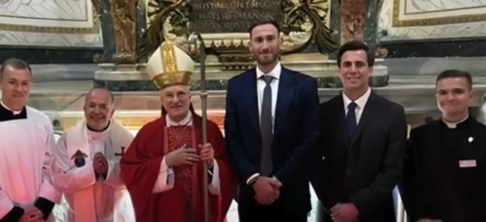 Retired NBA player Gordon Hayward officially joined the Catholic Church at a ceremony in Rome, Italy, Oct. 1, 2024. From left: Seminarian Bill Waters, Fr. Marcel Taillon, Archbishop Timothy Broglio, Hayward, Maxwell Van Vliet and Seminarian Jakob Pohlman. 