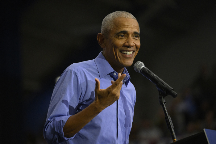 Former U.S. President Barack Obama speaks at a campaign event for Democratic presidential nominee, U.S. Vice President Kamala Harris at the University of Pittsburgh on Oct. 10, 2024 in Pittsburgh, Pennsylvania. 