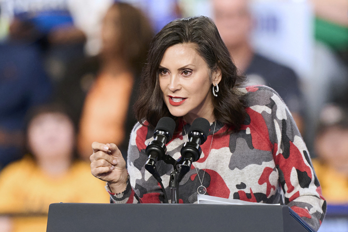 Michigan Gov. Gretchen Whitmer speaks at a campaign event for U.S. Vice President and Democratic presidential candidate Kamala Harris at the Dort Financial Center in Flint, Michigan, Oct 4, 2024. 