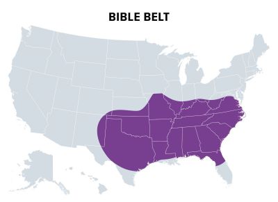 Bible Belt of the United States, political map. Region of Southern United States and state of Missouri, in all of which socially conservative Protestant Christianity plays a strong role in society.