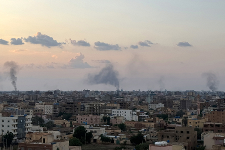 Smoke billows during air strikes in central Khartoum as the Sudanese army attacks positions held by the paramilitary Rapid Support Forces (RSF) throughout the Sudanese capital on Oct. 12, 2024. Fierce fighting has raged since Oct. 11 around Khartoum, much of which is controlled by the RSF, with the military pounding the center and south of the city from the air. 