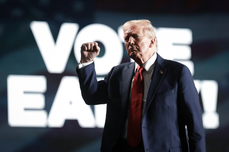 Republican presidential nominee, former U.S. President Donald Trump, reacts to the crowd after speaking at a campaign rally on Oct. 18, 2024, in Detroit, Michigan. There are 17 days remaining until the U.S. presidential election, which will take place on Tuesday, Nov. 5, 2024. 