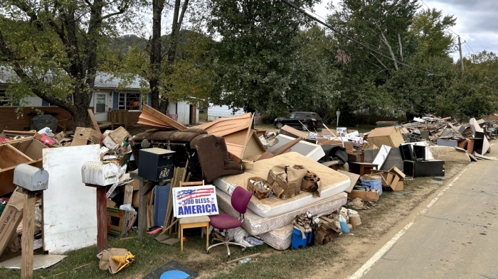 Ruined property lines the road in Swannanoa, North Carolina, in the wake of Hurricane Helene, which caused rivers to swell to unprecedented levels and carried entire homes away in their raging tides.