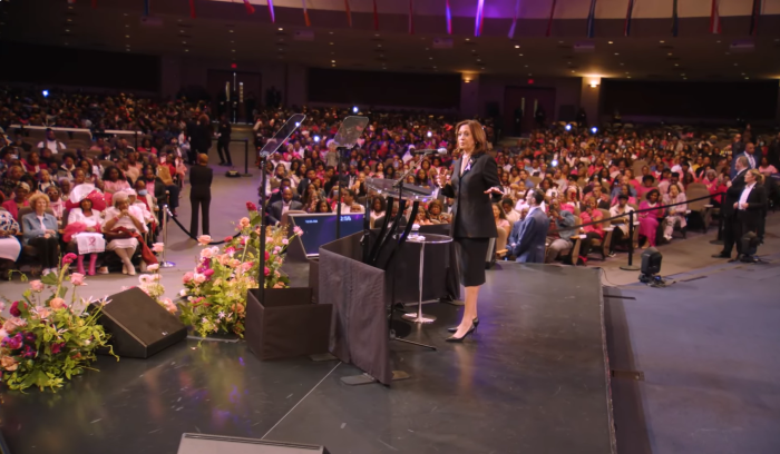 Vice President Kamala Harris delivers her message on the Good Samaritan at New Birth Missionary Baptist Church in Stonecrest, Ga., on Oct. 20, 2024.