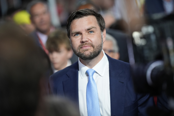 Trump's pick for Vice President, U.S. Sen. J.D. Vance, R-Ohio, arrives on the first day of the Republican National Convention at the Fiserv Forum on July 15, 2024, in Milwaukee, Wis. 