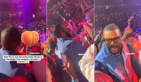 Christian movie mogul and actor Tyler Perry was caught throwing dollars at a stripper at R&B singer Usher's concert.