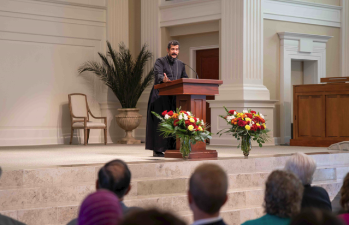 Bishop Daniel Timotheos speaks during a memorial service for Gospel for Asia founder KP Yohannan.