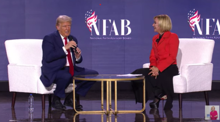 Paula White-Cain interviews former President Donald Trump during the National Faith Summit in Powder Springs, Georgia on Oct. 28.