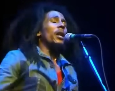 Reggae singer Bob Marley performing a concert at the Rainbow Theatre in London, England, in 1977. 