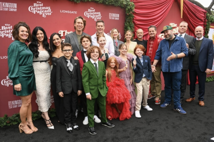 (L-R) Elizabeth Tabish, Vanessa Benevente, Sebastian Billingsley-Rodriguez, Pete Holmes, Mason Nelligan, Essek Moore, Dallas Jenkins, Beatrice Schneider, Lorelei Olivia Mote, Ewan Wood, Kevin Downes, Andrew Erwin, Tony Young and Brandon Gregory attend 'The Best Christmas Pageant Ever' Los Angeles Premiere at The Grove on Nov. 02, 2024, in Los Angeles, California.