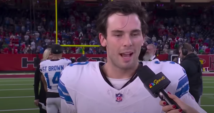 Detroit Lions kicker Jake Bates give thanks to God following his team's victory against the Houston Texans in a post game interview on Nov. 10, 2024.