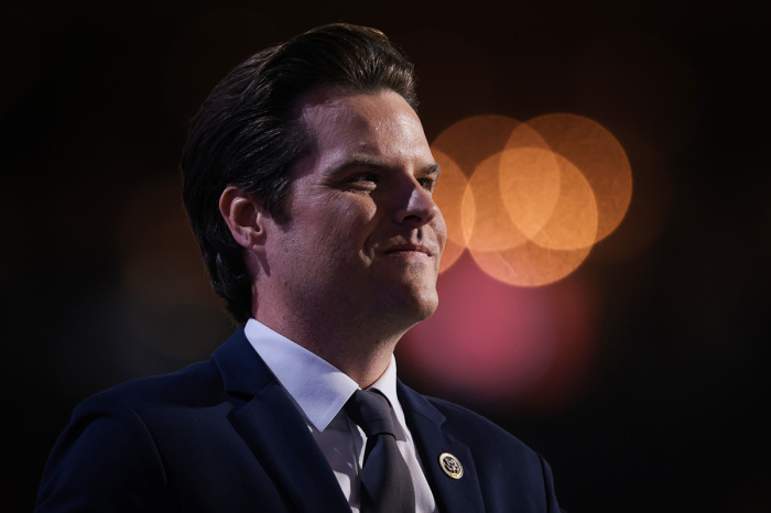 U.S. Rep. Matt Gaetz, R-Fla., speaks on stage on the third day of the Republican National Convention at the Fiserv Forum on July 17, 2024, in Milwaukee, Wisconsin. 