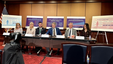 From left to right: Heritage Foundation Senior Legal Fellow Sarah Parshall Perry; Rep. Mary Miller, R-Ill.; American Principles Project President Terry Schilling; Sen. Roger Marshall, R-Kan.; Sen. Tommy Tuberville, R-Ala.; and former University of Pennsylvania swimmer Paula Scanlan.