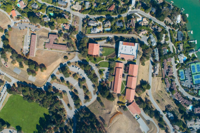 Drone view of Olivet University's San Francisco Campus in Mill Valley, California. 