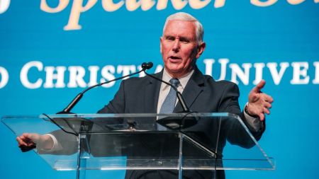 Former Vice President Mike Pence speaks at the President's Speakers Series at Colorado Christian University on Nov. 15, 2024. 