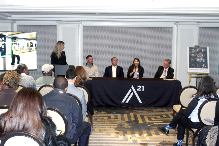 (Panel seated L-R) Sergeant Salvatore Porcaro of the Port Authority Police Department; John Devaney, United Capital Markets; Victoria Mottesheard of Outfront Media; and James Lewis, communications manager at the Amtrak Police Department, at the launch of A21's national awareness campaign, “Can You See Me?” in New York City on Monday November 25, 2025.