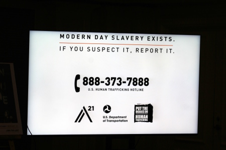  And advertisement for the human trafficking hotline at global anti-human trafficking organization A21's launch of its national awareness campaign, “Can You See Me?” in New York City on Monday November 25, 2024.