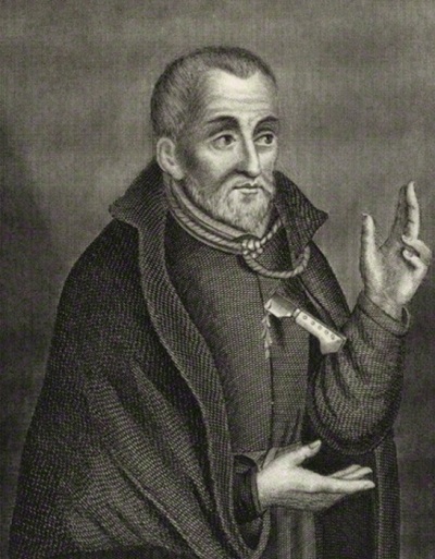 Edmund Campion (1540-1581), an English Jesuit priest and Catholic saint who was executed for high treason. Campion is often depicted with a knife in his chest, symbolizing how his heart was cut out after being hanged. 