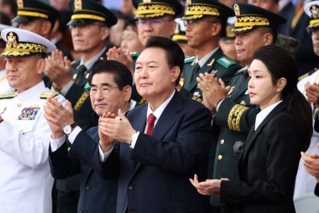 South Korean President Yoon Suk Yeol and his wife Kim Keon Hee attend a celebration to mark 76th South Korea Armed Forces Day ceremony on Oct. 1, 2024 in Seongnam, South Korea. The anniversary ceremony is to mark that South Korean Army crossed the 38 parallel on October 1st during the Korean War. 