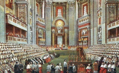 A contemporary painting of the gathering of Catholic Church leaders for the First Vatican Council, from 1869 to 1870.