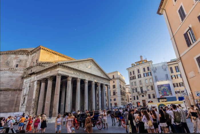 People gather outside the Pantheon in Rome, Italy. 