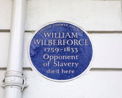 March 14th 2023: Close-up of a blue plaque on Cadogan Place in London, UK, marking the location where opponent of slavery William Wilberforce died in 1833.