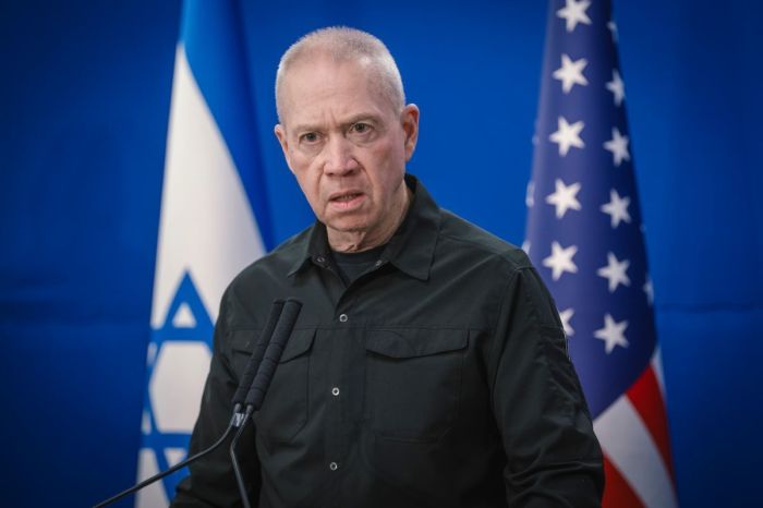 Former Israeli Minister of Defense Yoav Gallant address the media during a press conference in Tel Aviv, Israel, on Dec. 18, 2023. 