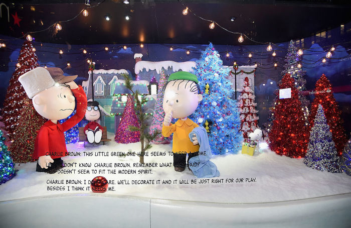 A Peanuts inspired Christmas window at the Macy's Presents 'It's The Great Window Unveiling, Charlie Brown' at Macy's Herald Square on November 20, 2015 in New York City.