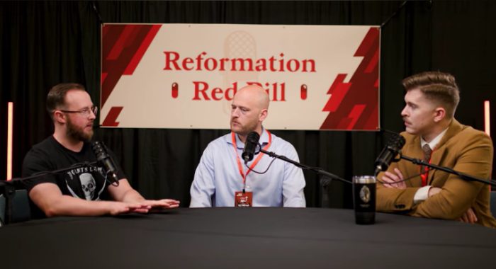 'Reformation Red Pill' host, Pastor Joshua Haymes (right), interviews Navy veteran Michael Cassidy (center) and lawyer Caleb Byrd. 