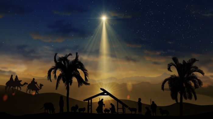 Christmas Scene with twinkling stars and brighter star of Bethlehem with nativity characters animals and trees. Nativity Christmas story under starry sky and moving wispy clouds. 