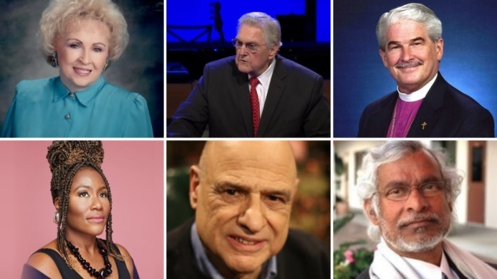 Top L to R: Beverly LaHaye, Courtesy Concerned Women for America; Junior Hill, Screengrab/ YouTube/Bellevue Baptist Church; Jack Leo Iker, Diocese of Fort Worth; Bottom L to R: Mandisa, Courtesy Hannah Burton; Tony Campolo, dordt.edu; K.P. Yohannan, provided. 