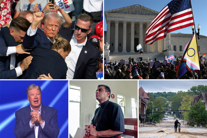 Top L to R: Republican presidential candidate Donald Trump is seen with blood on his face surrounded by secret service agents after an assassination attempt at a campaign event at Butler Farm Show Inc. in Butler, Pennsylvania, July 13, 2024, REBECCA DROKE/AFP via Getty Images; Trans activists, supporters and opponent rally outside of the U.S. Supreme Court as the high court hears arguments in a case on protecting minors from irreversible trans procedures on Dec. 04, 2024, in Washington, D.C., Kevin Dietsch/Getty Images; Bottom L to R: Pastor Robert Morris is founder of Gateway Church in Southlake, Texas, Screengrab/YouTube/Pastor Robert Morris; Nicaraguan Catholic bishop Rolando Alvarez prays at the Santo Cristo de Esquipulas church in Managua, on May 20, 2022, STR/AFP via Getty Images; A person inspects the Biltmore Village with bicycle in the aftermath of Hurricane Helene on Sept. 28, 2024, in Asheville, North Carolina, Sean Rayford/Getty Images. 