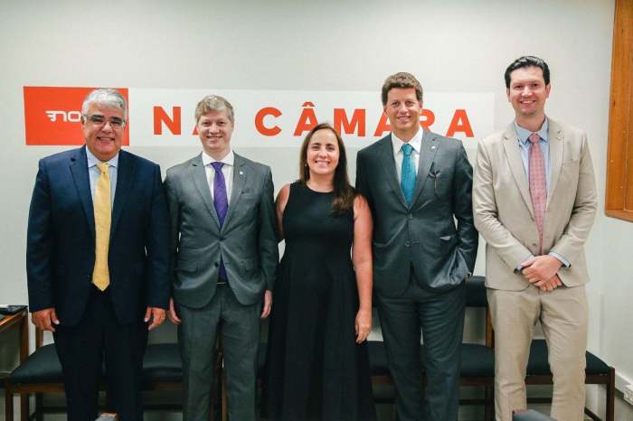 Left to right: Senator Eduardo Girao, Members of the Chamber of Deputies Marcel Van Hattem, Adriana Ventura, Ricardo Salles and Gilson Marques.