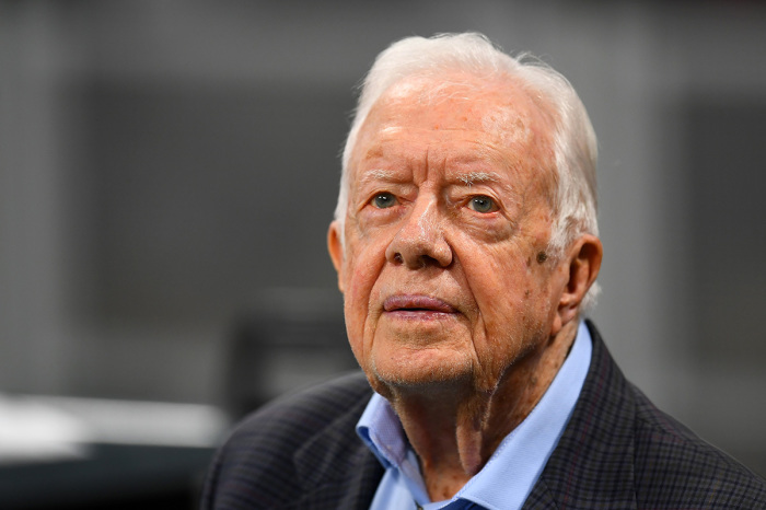 Former President Jimmy Carter prior to the game between the Atlanta Falcons and the Cincinnati Bengals at Mercedes-Benz Stadium on Sept. 30, 2018, in Atlanta, Georgia. 