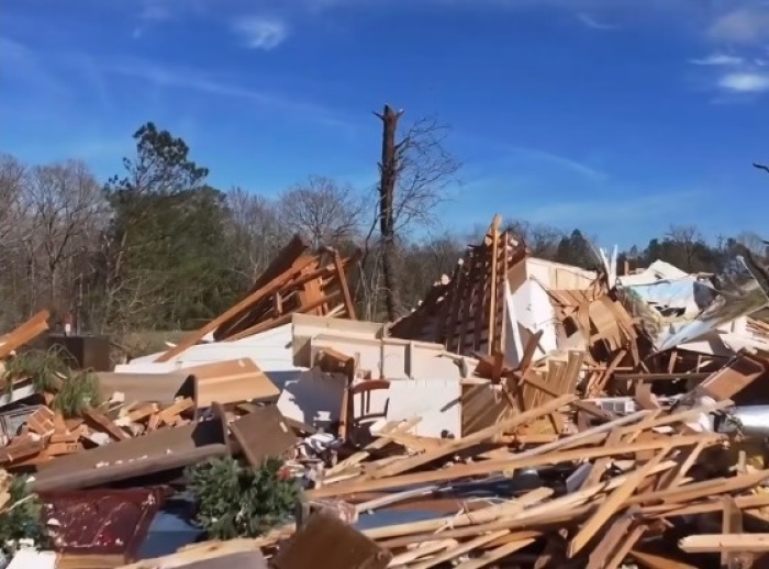 Debris lies in the wreckage of a tornado that struck O'Zion Church in Meadville, Mississippi, in December 2024. 