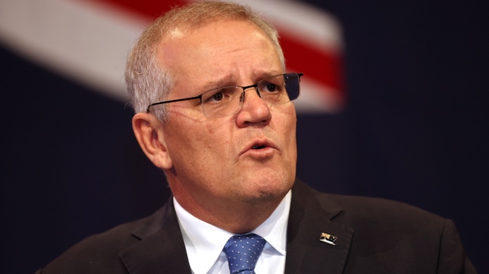 Former Australian Prime Minister Scott Morrison concedes defeat following the results of the Federal Election during the Liberal Party election night event at the Fullerton Hotel on May 21, 2022, in Sydney, Australia.