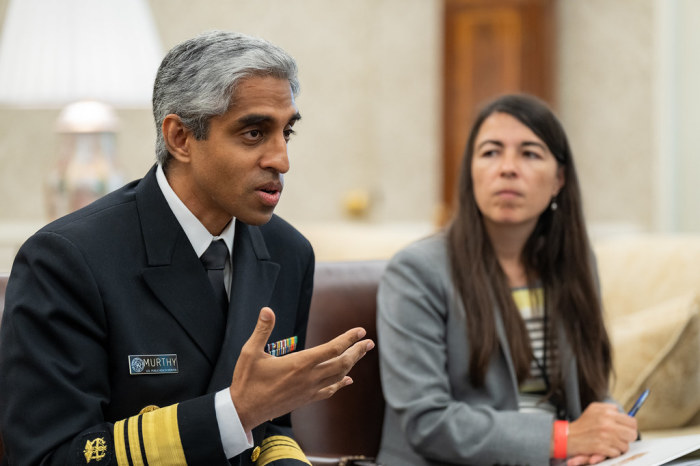 Surgeon General Vivek Murthy shares personal stories about his own family’s experiences with access to mental health services on Monday, July 24, 2023, in the Oval Office.