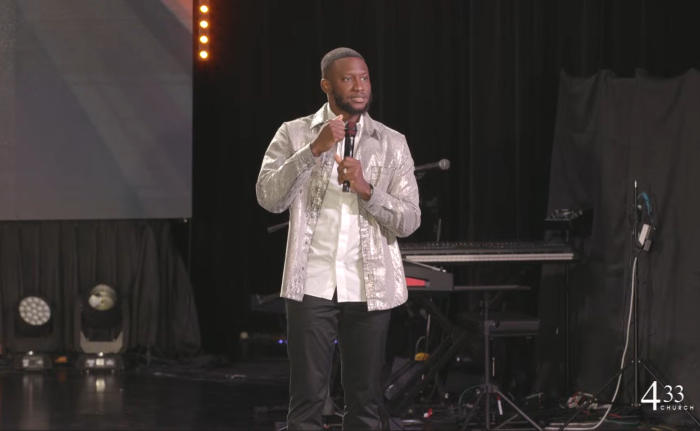 Pastor E.J. Newton speaks during a sermon at 433 Church in Miami, Florida, that was interrupted by officers from the Miami Police Department on Sunday Jan. 5, 2025.